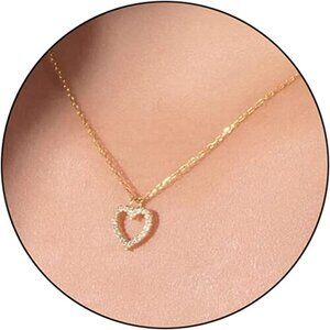 14k Gold Heart Pendant Choker Necklaces Small Gold Love Open Heart Chain